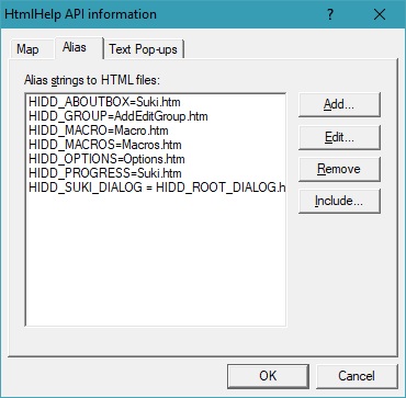 The Alias tab of the HtmlHelp API information Dialog